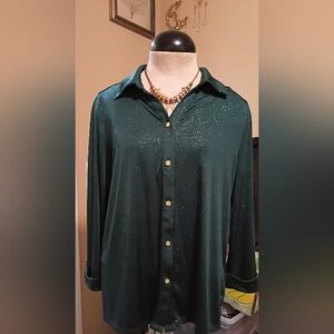 Anne Klein Emerald Green Shimmer Button-Up Blouse Size Large NWOT